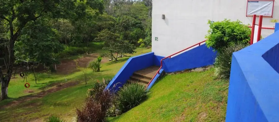 Escaleras con muros azules y barandal rojo que bajan al jardín